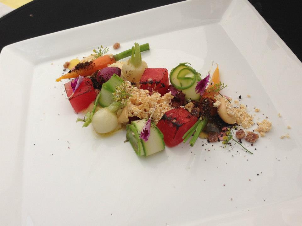 Caramelized watermelon, spring vegetables, miso-brown butter mayo, candied bamboo shoot, popcorn powder and fruit sauces. Might be a good way to get carnivores to eat their greens.