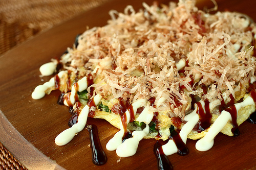 Okonomiyaki Pajeon – Japanese inspired Korean pancake topped with fish flakes