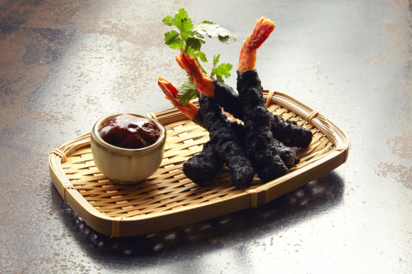 Carbon-battered prawn tempura red curry marinade & soy wasabi mayonnaise