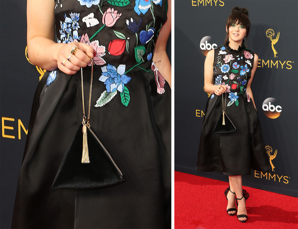Maisie Williams strutted down Emmys 2016 red carpet with Charles & Keith Evening Wristlet purse. Photo: www.purseblog.com